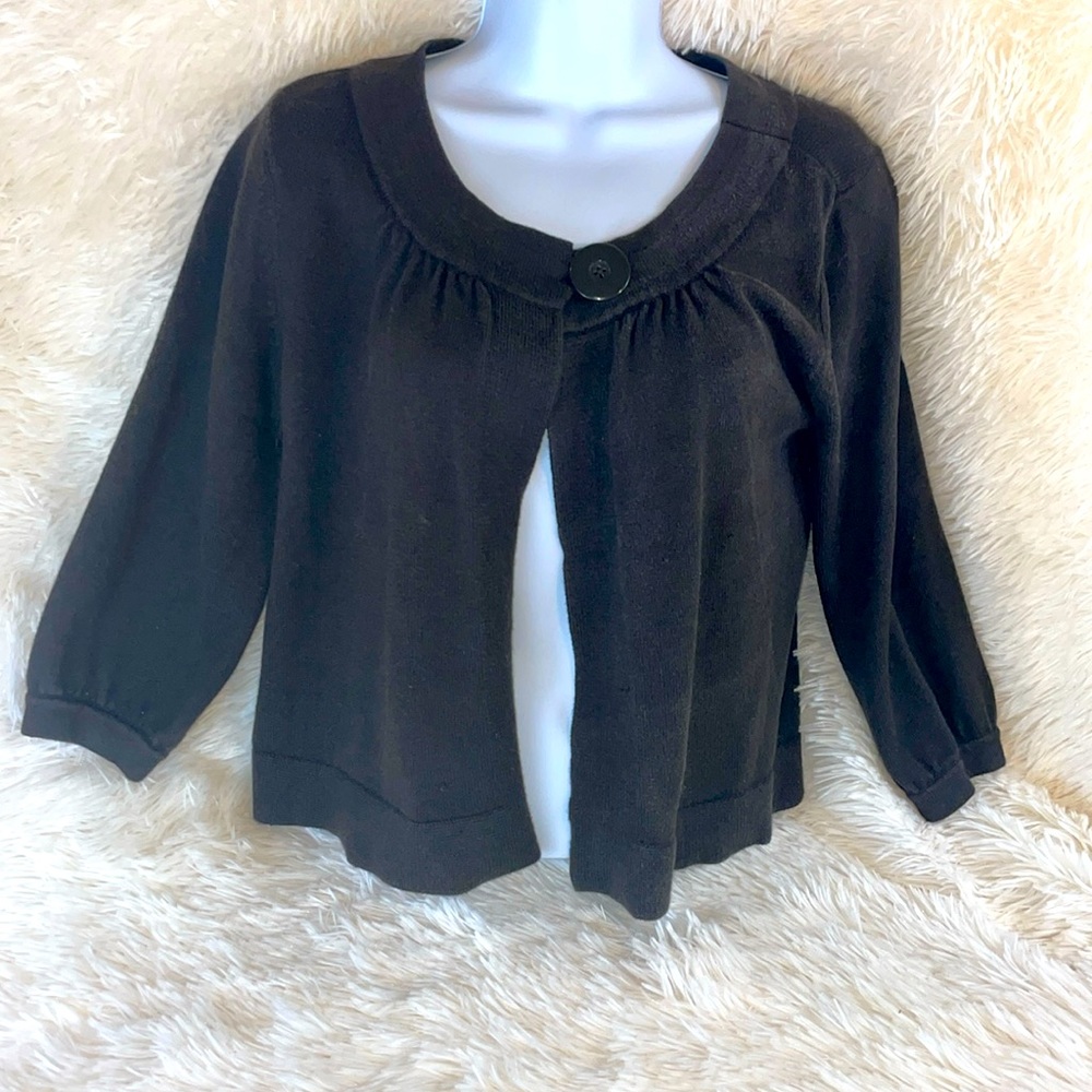 Ann Taylor 3/4-Sleeve Open Cardigan w/ Top Button, Dark Brown, Size S